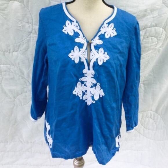 Charter Club Linen Blue White Petite Med Tunic - Picture 1 of 8